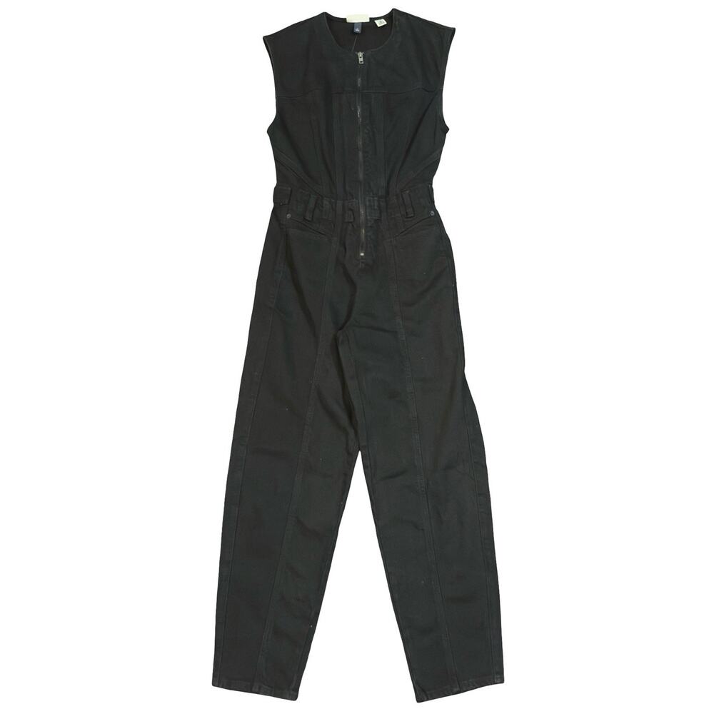 Universal Thread Black Denim Sleeveless Zip Jumpsuit Pockets Adjustable Waist 4